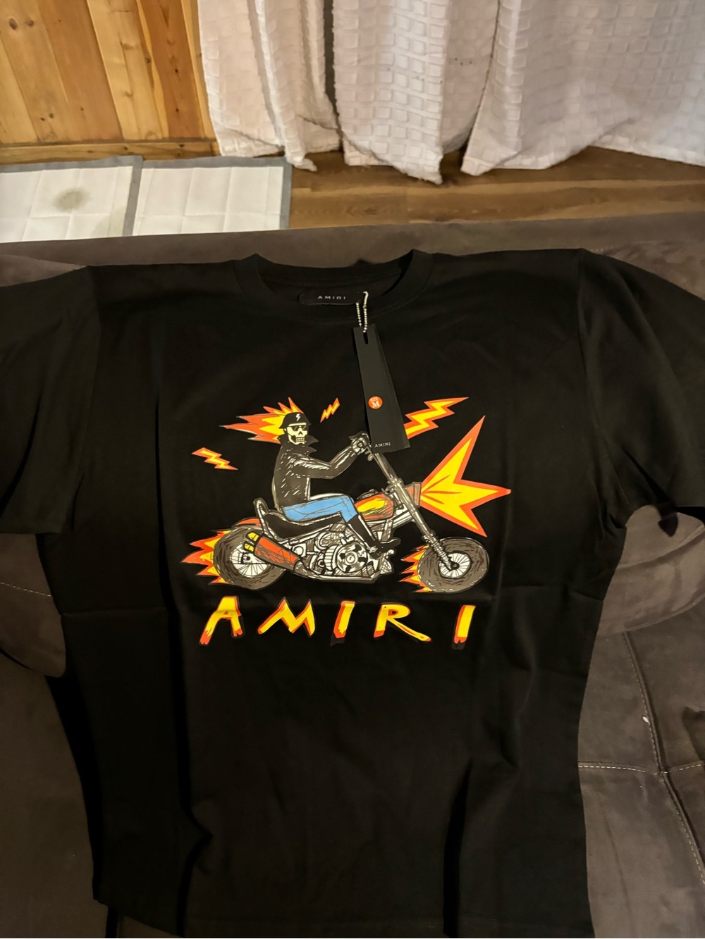 AMIRI Black Graphic Motorcycle Tee with Orange Accents